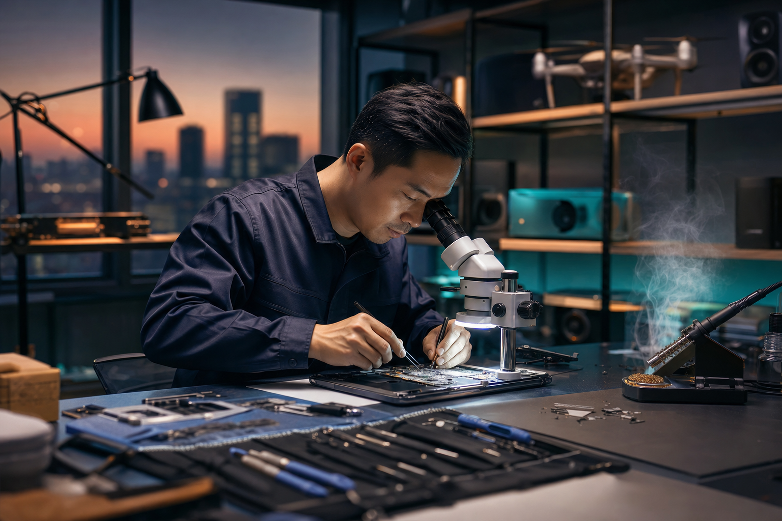 ช่างซ่อม MacBook โน๊ตบุ๊ค iCenter Service เซ็นทรัลลำปาง ชั้น 2 กำลังซ่อมเมนบอร์ดด้วยกล้องไมโครสโคป